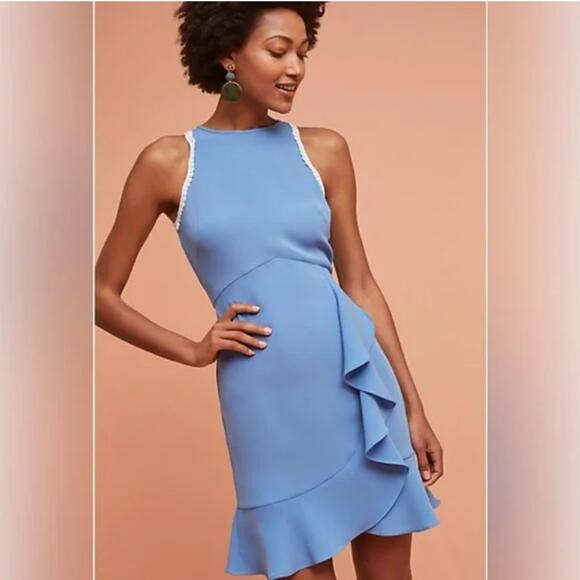 New Shoshanna Grove Blue Ruffle Dress Sleeveless Mini Women's Size 4 - Picture 1 of 12